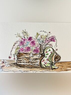 Original hand, painted watercolor, summer flower, floral basket, wall decor